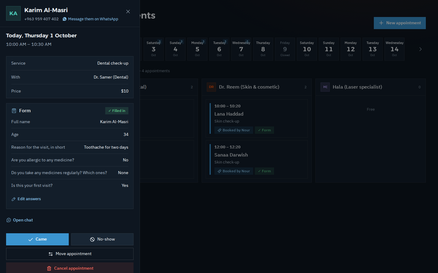 The appointment calendar in dark mode, with the form answers on a dental check-up