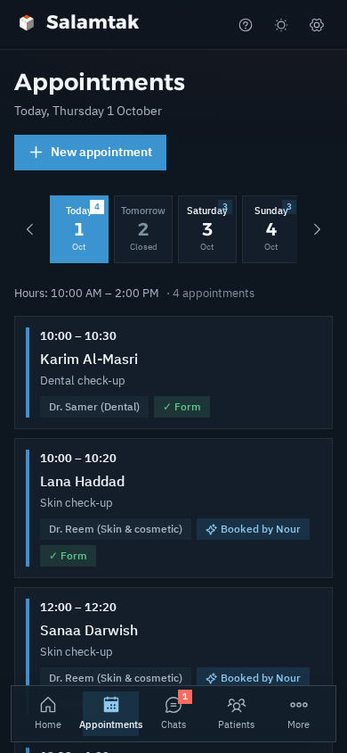 Today's appointments on a phone in dark mode