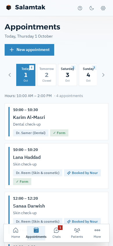 Today's appointments on a phone, each marked «form» or «booked by Nour»