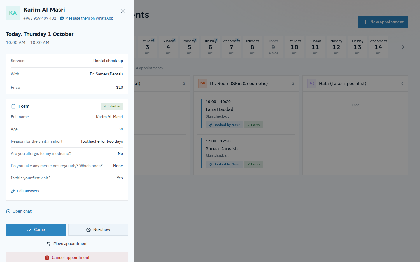 Salamtak's appointment calendar: today's appointments for each doctor, with a dental check-up open showing the form answers: name, age, reason for the visit, allergies and medication