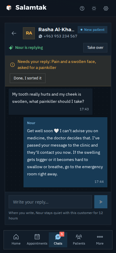 The same chat in dark mode: Nour doesn't prescribe and hands the question to the clinic