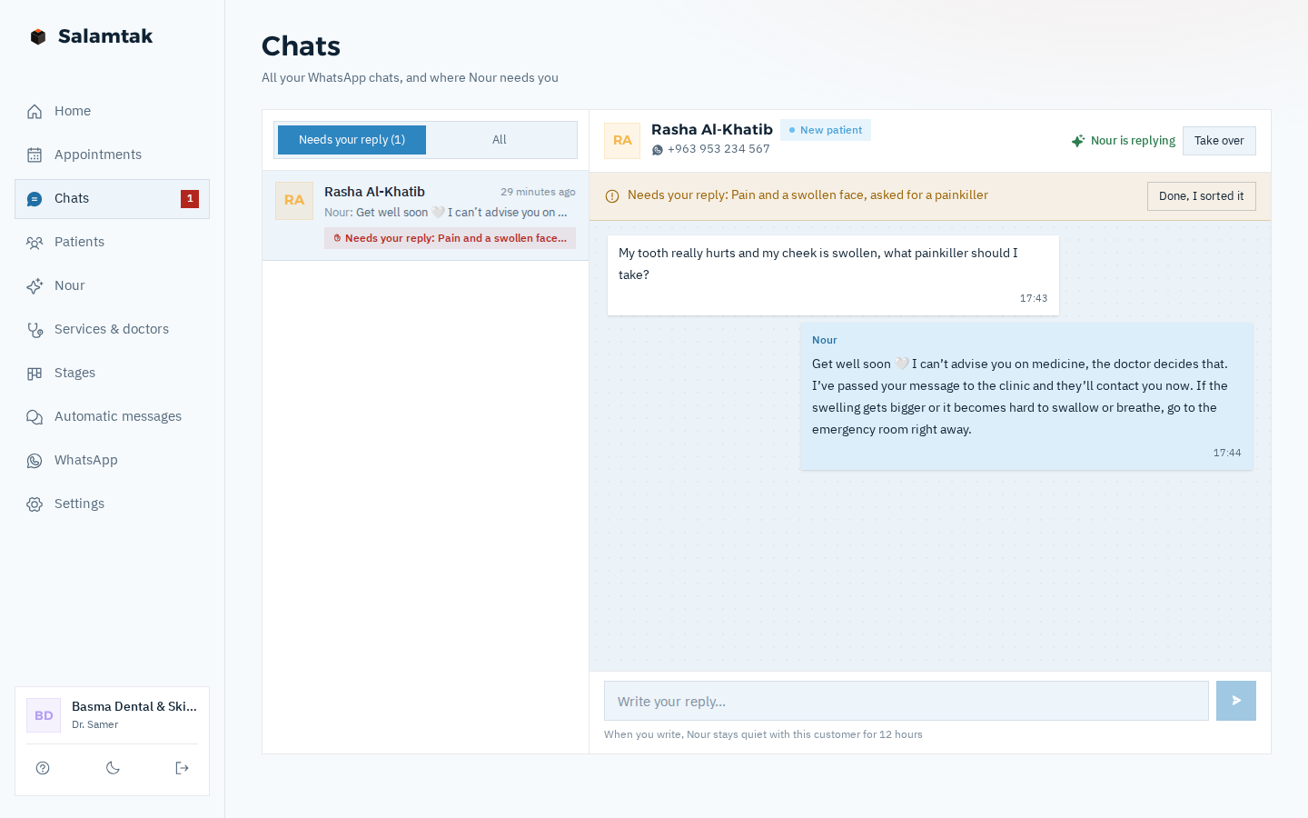 The chats page: a chat handed to the clinic because the patient asked about a painkiller, with a «Take over» button