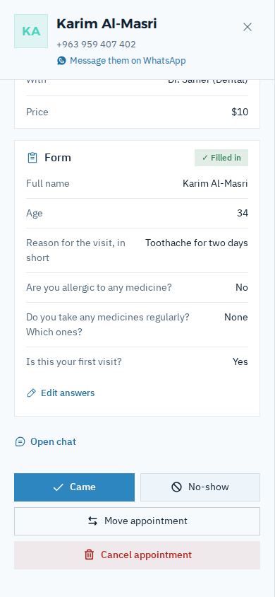An appointment open on a phone, with the form and the patient's answers below it