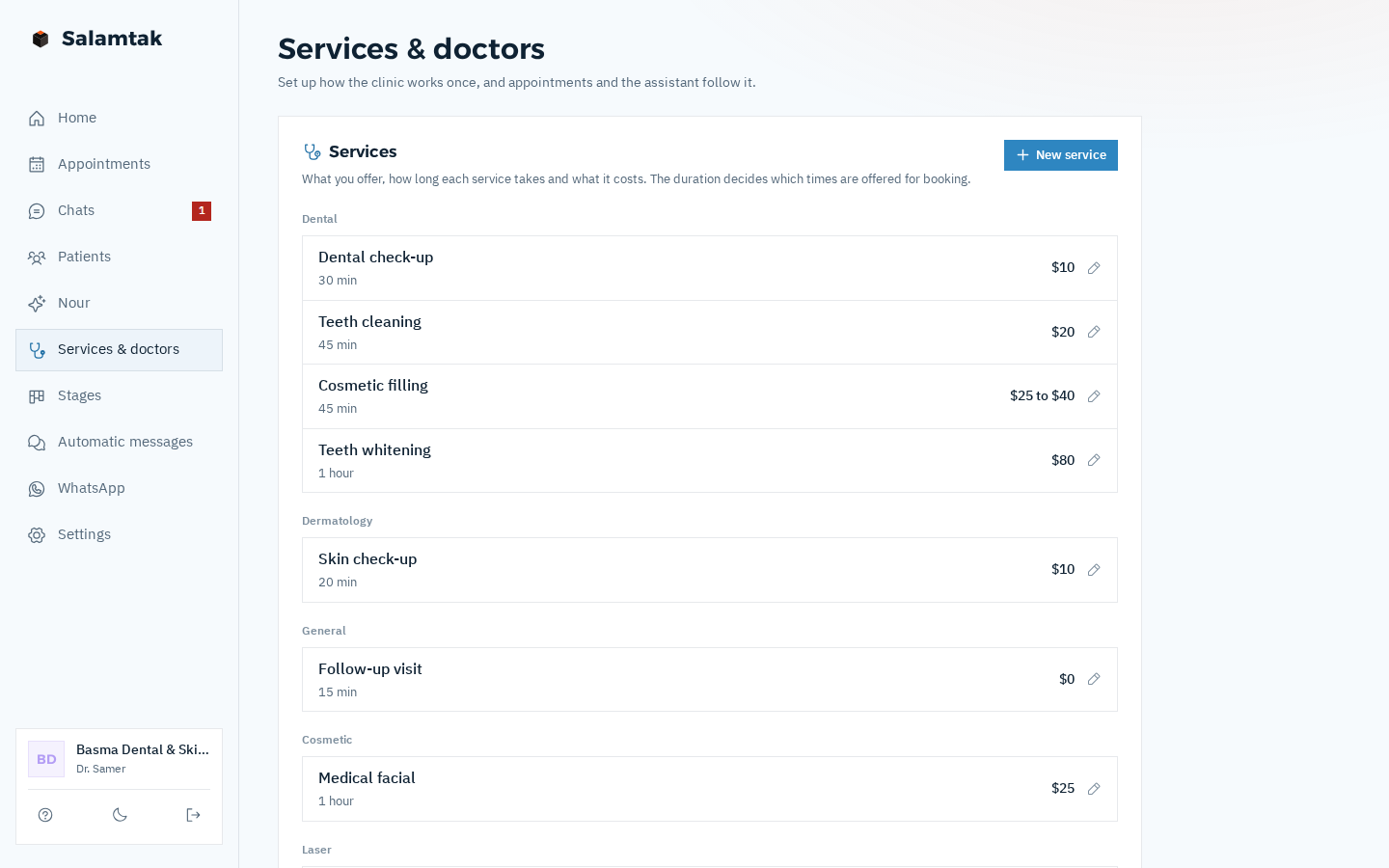 The services and doctors page: dental check-up, cleaning, cosmetic filling, whitening, dermatology check-up, each with its price and duration